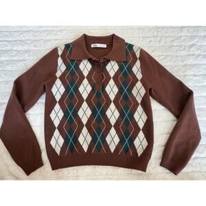 Zara Argyle Collared Button Front Knit Sweater Brown Wool Blend S